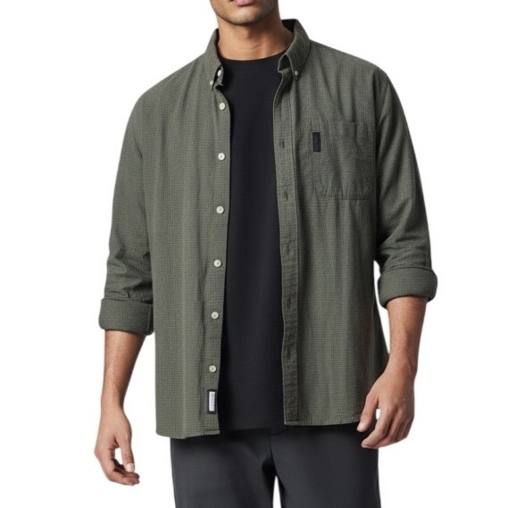 Columbia Mens Large Olive Green Plaid Long Sleeve Button Down Shirt Micro Check